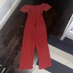 red short-sleeve jumpsuit